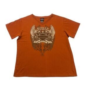 Harley Davidson Shirt Womens XL Orange Wings V Neck Motorcycle Biker